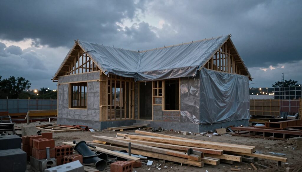 A construction site at dusk, portraying the unfinished structure of a house, symbolizing dreams of stability and the weight of unmet expectations. In the foreground, there are tools and materials scattered on the ground—bricks and wooden beams. In the middle, the skeletal frame of the house is partially covered by a tarp, emphasizing its incomplete state. The background features a cloudy sky, hinting at an impending storm, while distant city lights twinkle subtly, suggesting hope amid uncertainty. Soft, diffused lighting highlights the textures of the building materials and the scattered debris, creating a mood that is both somber and contemplative. The camera angle is slightly elevated, offering a broader view of the scene, evoking a sense of introspection and challenge in the journey of building and rebuilding. A construction site at dusk, portraying the unfinished structure of a house, symbolizing dreams of stability and the weight of unmet expectations. In the foreground, there are tools and materials scattered on the ground—bricks and wooden beams. In the middle, the skeletal frame of the house is partially covered by a tarp, emphasizing its incomplete state. The background features a cloudy sky, hinting at an impending storm, while distant city lights twinkle subtly, suggesting hope amid uncertainty. Soft, diffused lighting highlights the textures of the building materials and the scattered debris, creating a mood that is both somber and contemplative. The camera angle is slightly elevated, offering a broader view of the scene, evoking a sense of introspection and challenge in the journey of building and rebuilding.