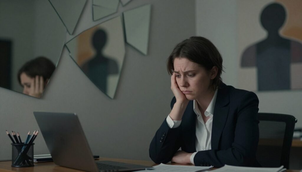 A contemplative scene representing the psychological underpinnings of shame and fear of judgment. In the foreground, a figure in professional attire, sitting at a desk, appears deep in thought, their expression reflecting introspection and apprehension. The middle ground features fragmented mirrors on the wall, symbolizing self-reflection and perception, with soft lighting casting gentle shadows that create a somber atmosphere. In the background, abstract representations of societal pressures and norms loom, illustrated through blurred silhouettes and muted colors, evoking a sense of confinement. The overall mood is tense yet introspective, with a focus on the internal struggle of the individual. The composition should utilize a medium lens to draw a balanced perspective, accentuating the emotional weight of the subject. A contemplative scene representing the psychological underpinnings of shame and fear of judgment. In the foreground, a figure in professional attire, sitting at a desk, appears deep in thought, their expression reflecting introspection and apprehension. The middle ground features fragmented mirrors on the wall, symbolizing self-reflection and perception, with soft lighting casting gentle shadows that create a somber atmosphere. In the background, abstract representations of societal pressures and norms loom, illustrated through blurred silhouettes and muted colors, evoking a sense of confinement. The overall mood is tense yet introspective, with a focus on the internal struggle of the individual. The composition should utilize a medium lens to draw a balanced perspective, accentuating the emotional weight of the subject.