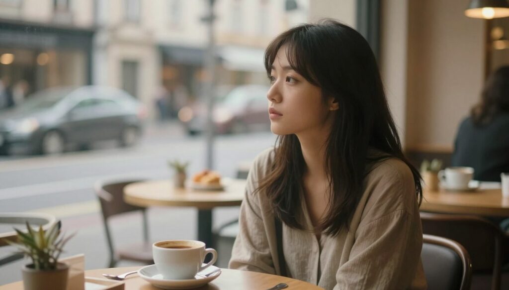 A contemplative young woman sitting at a café table, gazing thoughtfully out the window, reflecting on a past relationship. In the foreground, she wears a modest stylish outfit, her expression a blend of nostalgia and introspection. The middle ground features a warm, softly lit café, with blurred details of coffee cups and pastries, hinting at an everyday setting. In the background, the city street is gently blurred, suggesting movement and life yet distant enough to emphasize her solitude. The lighting is warm, casting a soft glow around her, enhancing the mood of reflection and emotional depth. The image captures the essence of unclosed emotions and yearning for understanding, evoking a sense of gentle melancholy.