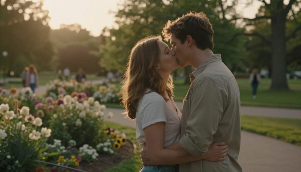 A couple engaged in a tender kiss, symbolizing their emotional connection and relationship dynamics. The scene is set in a soft, warmly lit park during the golden hour, casting a gentle glow around them. In the foreground, focus on the couple, dressed in modest casual clothing, with expressions reflecting love and intimacy. Their body language reveals trust and desire. In the middle, blooming flowers and lush greenery create a romantic backdrop, adding depth and serenity. In the background, slightly blurred elements of a tranquil park setting enhance the mood without distracting from the couple. The overall atmosphere is peaceful and affectionate, invoking feelings of connection and hidden desires.