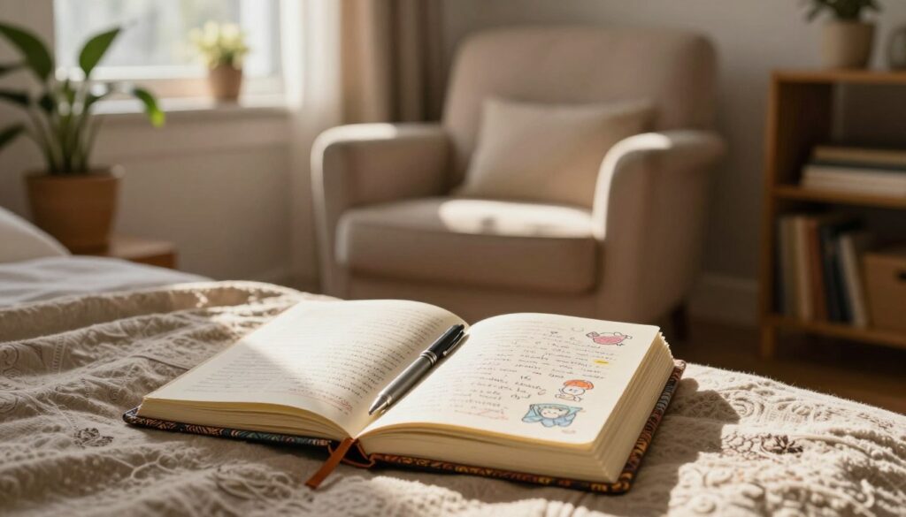 A cozy, inviting bedroom setting filled with soft ambient lighting. In the foreground, a beautifully designed dream journal with intricate patterns on its cover, open to reveal handwritten entries and colorful doodles representing dreams. A cozy pen rests beside it, adding a personal touch. In the middle, a soft, plush armchair is positioned near a window, draped in warm, inviting fabrics, as sunlight gently pours in creating a serene atmosphere. Potted plants and a small bookshelf in the background suggest a nurturing environment for introspection. The overall mood is tranquil and reflective, capturing the essence of self-discovery through dream journaling. Focus on rich colors and warm tones, with a shallow depth of field to accentuate the journal and chair, cultivating a sense of calm and inspiration.