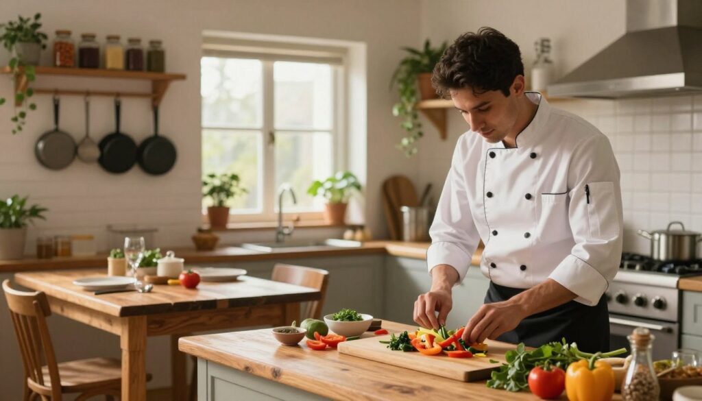 A cozy kitchen scene bathed in warm, soft lighting, featuring a welcoming atmosphere. In the foreground, a chef in professional attire is carefully preparing a colorful dish, showcasing fresh vegetables and herbs on a wooden countertop. The chef exhibits a look of concentration and creativity. In the middle, a well-organized kitchen with pots and pans hanging on the walls, shelves lined with spices, and a rustic wooden dining table set for a meal. The background shows sunlight filtering through a window adorned with plants, creating a peaceful ambiance. The image captures the essence of nurturing and creation within a dream-like culinary environment, symbolizing the role of cooking in expressing care and love for others.