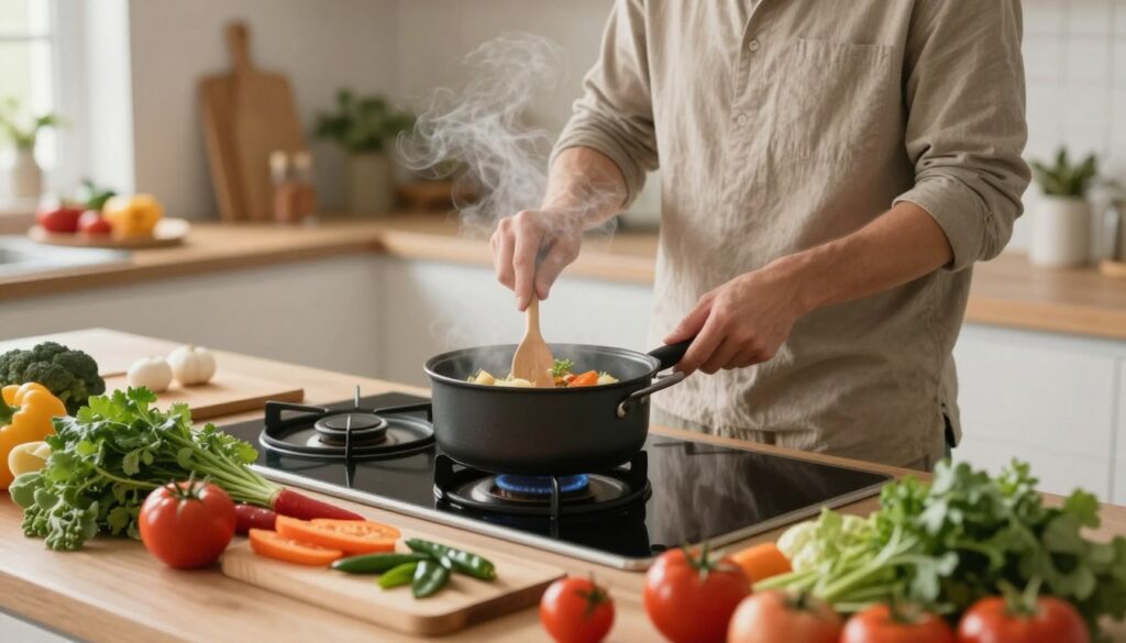 A cozy kitchen scene featuring a person in modest casual clothing expertly cooking on a stovetop, demonstrating techniques to avoid smoke while preparing a delicious meal. The foreground displays a variety of colorful fresh ingredients like vegetables and herbs, perfectly arranged on a cutting board. The middle ground highlights the person actively cooking, with steam rising gently from the pot, while the background showcases a well-organized kitchen with soft, warm lighting. The atmosphere is inviting and encouraging, emphasizing a sense of home and culinary creativity. Use a slightly elevated angle to capture the action and surroundings, creating an engaging composition that reflects practicality and comfort in cooking.
