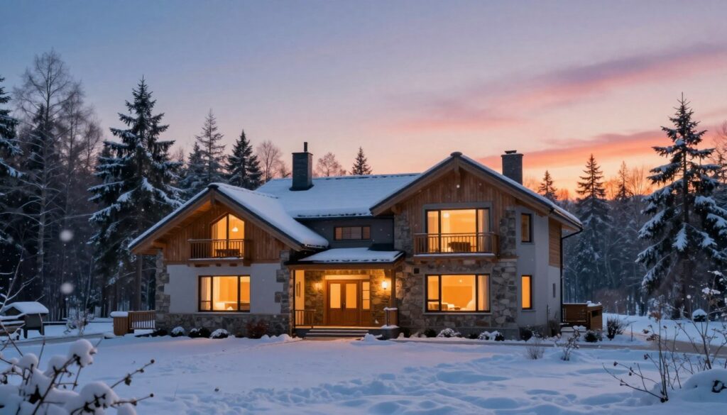 A cozy, newly built house standing proudly in a serene snowy landscape, symbolizing life's changes and new beginnings. In the foreground, delicate snowflakes fall softly, creating a gentle blanket on the ground. The middle ground features the house, its warm, inviting windows glowing with light, showcasing modern architectural design with wooden and stone elements. Behind the house, tall, snow-covered trees rise against a soft twilight sky, transitioning from deep blue to warm oranges and pinks as dusk settles in. The atmosphere is peaceful and reflective, evoking feelings of nostalgia, safety, and hope for the future. Wide-angle view with soft focus on the background to create depth. No people are present, ensuring a tranquil and introspective scene without distractions.