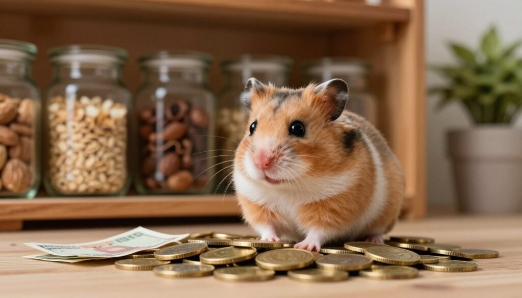 A cozy scene featuring a cute, small hamster sitting atop a pile of gold coins and tiny banknotes, symbolizing financial savings and caution. The hamster has bright, expressive eyes and fluffy fur in shades of brown and white, conveying a sense of curiosity. In the background, a softly lit, rustic wooden shelf lined with glass jars filled with different grains and nuts reflects the theme of careful savings. The lighting is warm and gentle, creating a serene and thoughtful atmosphere. A blurred potted plant in one corner adds a touch of nature, enhancing the calm vibe. The angle is slightly low, focusing on the hamster and its treasure, inviting the viewer to ponder the significance of small savings and the careful handling of finances.