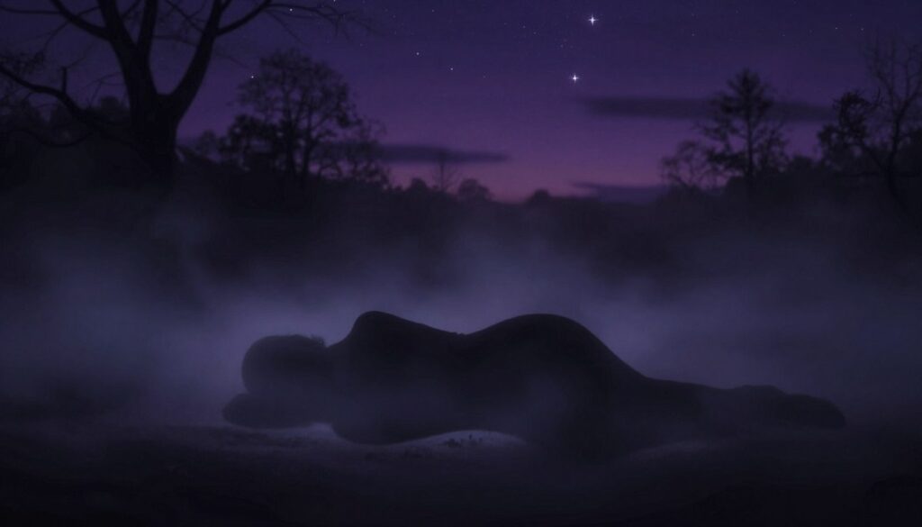 A dark, serene landscape shrouded in deep indigo and black hues, depicting a mysterious abstract representation of a shadow in slumber. In the foreground, a subtle silhouette of a figure appears, resting peacefully, surrounded by swirling wisps of mist that symbolize the depths of the subconscious. The middle ground features faint, shadowy trees that emerge from the darkness, creating a sense of depth and intrigue. The background melts into a velvety twilight sky, scattered with soft, glimmering stars that evoke a feeling of wonder and contemplation. The lighting is soft and ethereal, with a gentle glow illuminating the figure, casting long shadows that enhance the mood of uncertainty and introspection. The overall atmosphere is one of calm yet profound mystery, inviting viewers to explore the psychological significance of darkness.