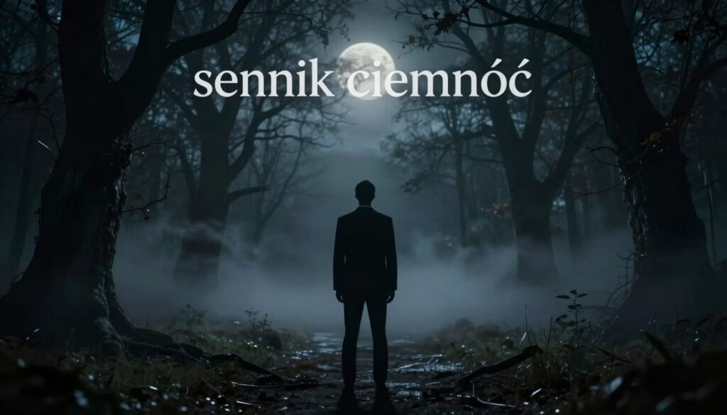 A dark, surreal landscape representing the concept of "sennik ciemność" - a symbolic interpretation of uncertainty and fear. In the foreground, a shadowy figure stands contemplatively, dressed in professional business attire, surrounded by swirling mist that hints at hidden fears. The middle ground features twisted trees and dimly lit pathways, evoking a sense of mystery and the search for answers. In the background, a faint, ominous moon casts an eerie glow, illuminating the darkness with soft, haunting light. The atmosphere is thick with suspense, suggesting the complexity of interpreting dreams shrouded in darkness. The composition should convey a sense of introspection and exploration, with a slightly blurred focus to enhance the dreamlike quality, captured with a wide-angle lens for depth and drama.
