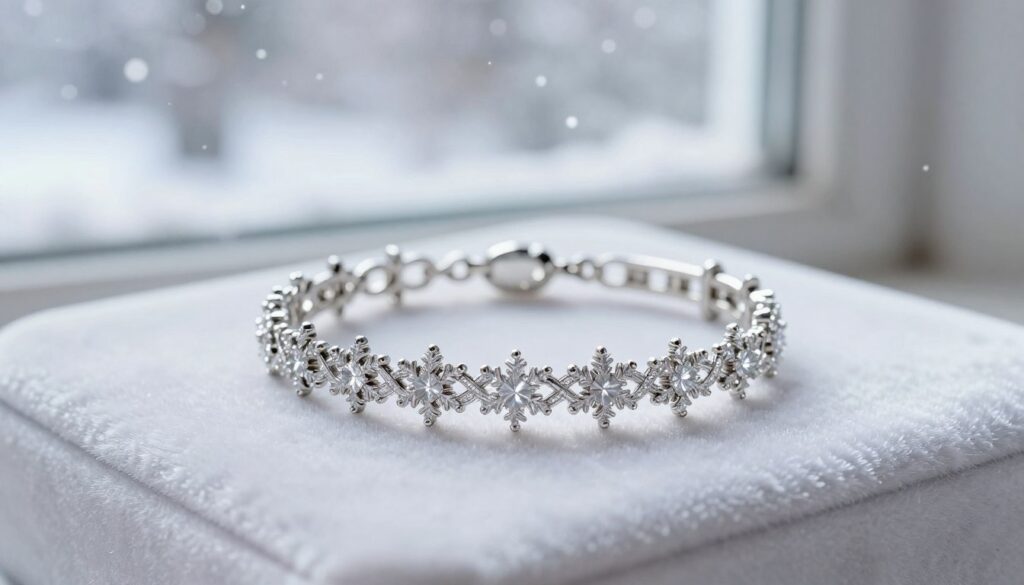 A delicate bracelet glistening with snowflake-like crystals rests elegantly on a soft, white velvet surface. In the foreground, the bracelet's intricate design showcases intertwining patterns that symbolize connection and promise. In the middle ground, hints of a frost-lit window can be seen, casting gentle, cool light on the scene, enhancing the ethereal quality of the jewelry. The background features a subtle, blurred winter landscape outside, with soft white snowflakes drifting through the air, hinting at themes of tranquility and introspection. The mood is serene and reflective, inviting the viewer to contemplate the significance of wearing and receiving jewelry as a symbol of bonds and relationships. The lighting is soft and diffused, creating a dreamlike atmosphere.