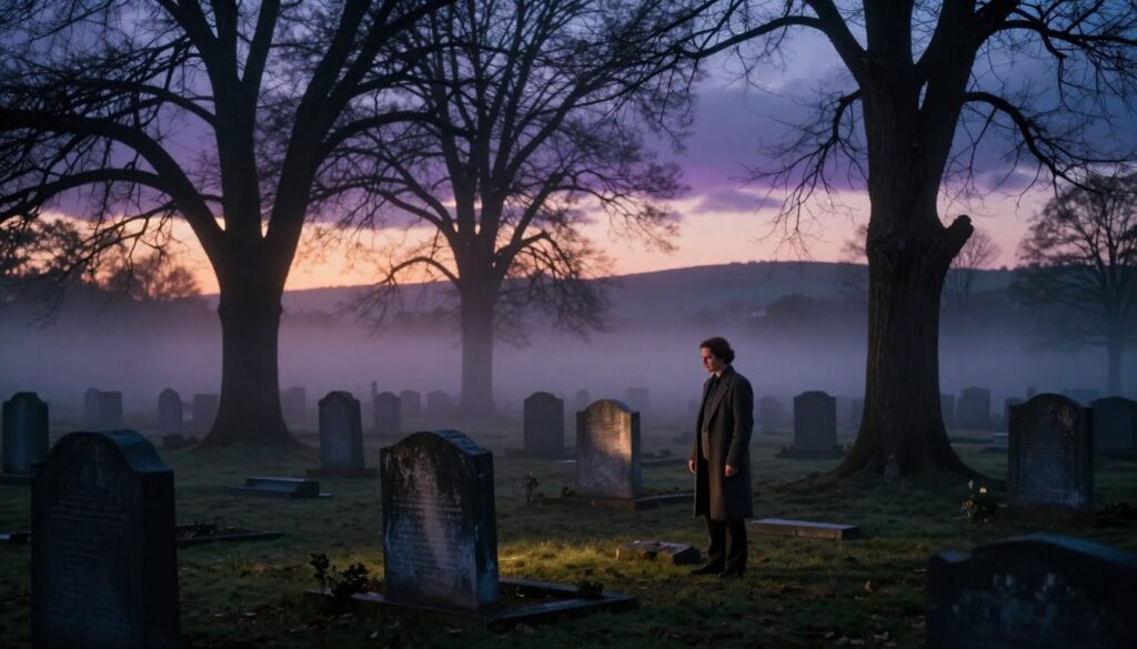 A dense, ethereal graveyard scene at dusk, shrouded in mist and adorned with ancient tombstones, softly illuminated by the fading light of a setting sun. In the foreground, a solitary figure dressed in modest, professional attire stands contemplatively by a weathered grave, their expression reflecting introspection and peace. The middle ground features gnarled trees with intertwining branches, creating a sense of enclosure and mystery. In the background, the silhouettes of distant hills are barely visible beneath a twilight sky, filled with gentle clouds in hues of violet and deep blue. The atmosphere is serene yet poignant, capturing the themes of remembrance and reflection inherent in the presence at a cemetery, evoking a blend of melancholy and tranquility. A dense, ethereal graveyard scene at dusk, shrouded in mist and adorned with ancient tombstones, softly illuminated by the fading light of a setting sun. In the foreground, a solitary figure dressed in modest, professional attire stands contemplatively by a weathered grave, their expression reflecting introspection and peace. The middle ground features gnarled trees with intertwining branches, creating a sense of enclosure and mystery. In the background, the silhouettes of distant hills are barely visible beneath a twilight sky, filled with gentle clouds in hues of violet and deep blue. The atmosphere is serene yet poignant, capturing the themes of remembrance and reflection inherent in the presence at a cemetery, evoking a blend of melancholy and tranquility.