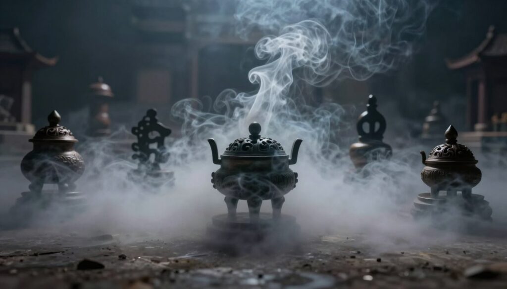 A dense, swirling cloud of smoke fills the foreground, reflecting shades of gray and hints of blue, symbolizing the mystery and obscurity associated with cultural perceptions of smoke. In the middle ground, traditional artifacts like an ancient incense burner and historical symbols representing different cultures are partially visible, shrouded in the ethereal mist. The background features dimly lit silhouettes of various structures from different eras, hinting at the historical context. The lighting is soft and diffused, creating an atmospheric and contemplative mood. The camera angle is slightly low, emphasizing the height of the smoke and creating a sense of depth. The overall tone conveys intrigue and the hidden dilemmas associated with smoke, inviting viewers to reflect on its multifaceted symbolism.