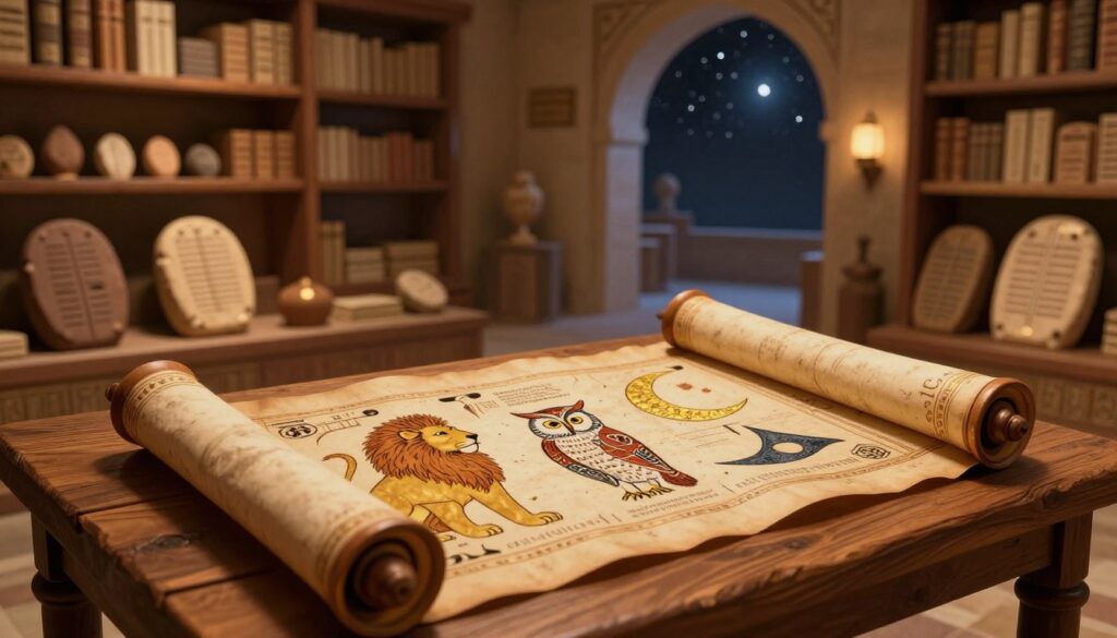 A detailed illustration of the Babylonian dream interpretation symbols, featuring a richly adorned ancient scroll spread out on a wooden table in the foreground. The scroll displays vivid illustrations of key symbols such as a lion, an owl, and a crescent moon, intricately designed with golden accents. In the middle ground, a dimly lit library filled with clay tablets and artifacts evokes a sense of ancient wisdom, with shelves lined with texts on dream interpretation. The background features a softly illuminated archway that leads to a starry sky, enhancing the mystique of dreams. The warm, ambient lighting casts soft shadows, creating a tranquil atmosphere that invites reflection on the significance of dreams in ancient Babylonian culture.