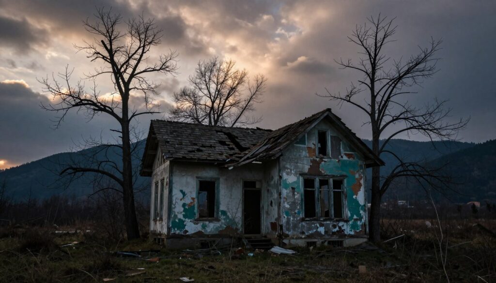 A dilapidated house stands in the foreground, devoid of a roof, exposing its weathered interior to the sky. Broken windows and peeling paint hint at its once-vibrant history. Surrounding the house, dead trees with gnarled branches stretch upward, creating a stark silhouette against a moody twilight sky filled with swirling clouds. In the middle ground, overgrown grass and scattered debris enhance the feeling of abandonment and neglect. In the background, dark silhouettes of distant mountains loom ominously, casting shadows over the scene. The lighting is dim and dramatic, with soft, diffused rays of light piercing through the clouds, illuminating the house's distressed features. The mood is haunting and reflective, evoking a sense of loss and uncertainty.