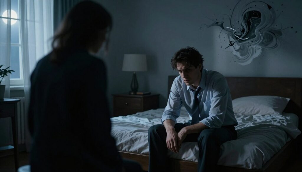 A dimly lit room depicting a man sitting on the edge of a bed, looking distressed and deep in thought, representing a dream context. His professional attire is slightly disheveled, suggesting a sense of unease. In the foreground, a shadowy figure looms, symbolizing a threat or anxiety, with ominous features blurred to maintain a sense of ambiguity. The middle ground shows darkened furniture and a window with flowing curtains that hint at moonlight filtering through, creating a stark contrast between light and dark. In the background, abstract shapes resembling fragmented memories swirl, enhancing the dreamlike quality. The overall mood is tense and anxious, with cool hues of blue and gray dominating, evoking a powerful emotional response.