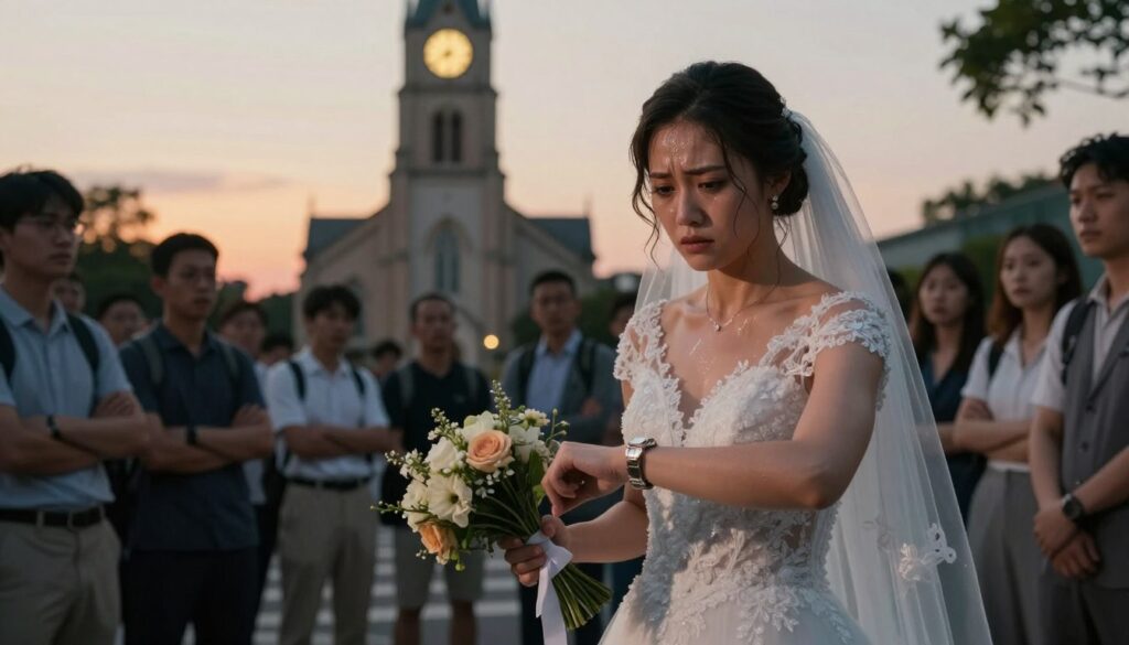 A distressed bride in an elegant wedding dress, glancing anxiously at her wristwatch, stands on a bustling street corner, surrounded by confused onlookers. In the foreground, a bouquet of wilting flowers slips from her grasp, symbolizing her worry. The middle ground features a blurred view of a church with a glowing clock tower, indicating the wedding time passing by. The background reveals a soft sunset, casting warm hues that contrast with the bride's cold sweat and nervous expression. The lighting is dramatic, with shadows enhancing the tension in the scene. The angle captures both her despair and the unfocused crowd, illustrating the anxiety of being late for a significant life event. The atmosphere is charged with urgency and fear, embodying the theme of anxiety associated with commitment. A distressed bride in an elegant wedding dress, glancing anxiously at her wristwatch, stands on a bustling street corner, surrounded by confused onlookers. In the foreground, a bouquet of wilting flowers slips from her grasp, symbolizing her worry. The middle ground features a blurred view of a church with a glowing clock tower, indicating the wedding time passing by. The background reveals a soft sunset, casting warm hues that contrast with the bride's cold sweat and nervous expression. The lighting is dramatic, with shadows enhancing the tension in the scene. The angle captures both her despair and the unfocused crowd, illustrating the anxiety of being late for a significant life event. The atmosphere is charged with urgency and fear, embodying the theme of anxiety associated with commitment.