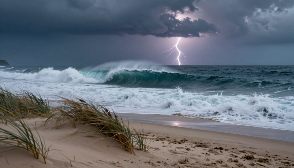 A dramatic coastal scene illustrating "warning before a wave," featuring a towering, ominous wave preparing to crash onto the shore. In the foreground, windswept sand with twisted beach grass conveys a sense of urgency. The middle ground showcases the turbulent ocean swell, a mix of dark blue and green hues, reflecting an impending storm, while sea foam begins to form at the base of the wave. The background includes dark, looming clouds illuminated by flashes of lightning, casting an eerie glow. The scene is captured in a low-angle view to emphasize the height and power of the wave, with moody, dim lighting enhancing the foreboding atmosphere, evoking feelings of anxiety and anticipation.