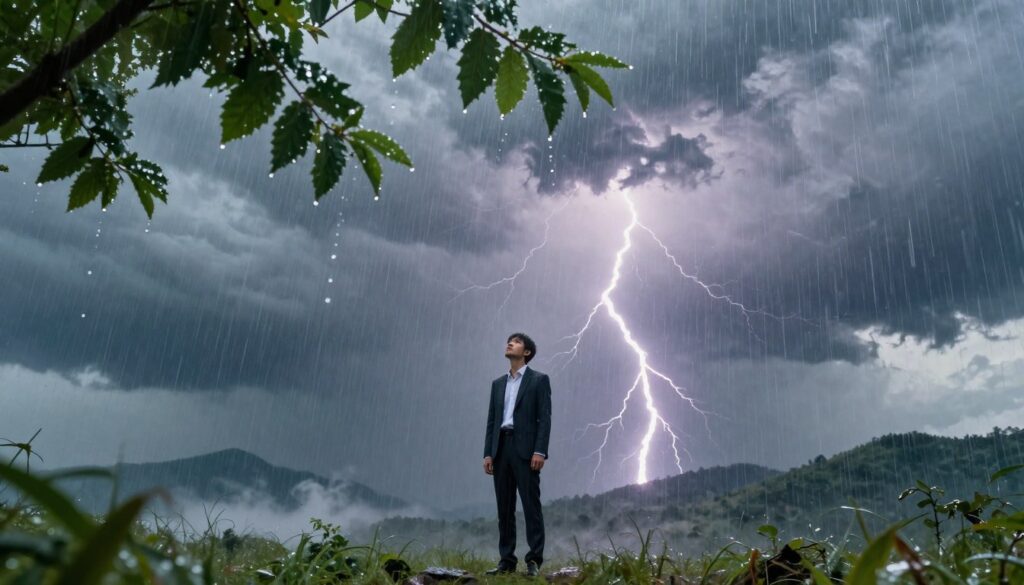 A dramatic scene depicting a heavy downpour, capturing the essence of “ulewa sen.” In the foreground, droplets cascade from lush green leaves, shimmering under soft diffused light. The middle ground features a dark, turbulent sky, filled with swirling gray clouds, contrasting against vivid flashes of lightning that illuminate the scene. A serene figure stands resolutely at the center, dressed in professional attire, gazing upwards with a mix of determination and introspection. The background reveals a hint of distant mountains shrouded in mist, symbolizing a transition. Overall, the composition conveys a powerful mood of emotional release and transformation, emphasizing the cleansing nature of rain amidst conflict. The angle is slightly low, creating a sense of grandeur and drama, while the lighting remains moody yet hopeful. A dramatic scene depicting a heavy downpour, capturing the essence of “ulewa sen.” In the foreground, droplets cascade from lush green leaves, shimmering under soft diffused light. The middle ground features a dark, turbulent sky, filled with swirling gray clouds, contrasting against vivid flashes of lightning that illuminate the scene. A serene figure stands resolutely at the center, dressed in professional attire, gazing upwards with a mix of determination and introspection. The background reveals a hint of distant mountains shrouded in mist, symbolizing a transition. Overall, the composition conveys a powerful mood of emotional release and transformation, emphasizing the cleansing nature of rain amidst conflict. The angle is slightly low, creating a sense of grandeur and drama, while the lighting remains moody yet hopeful.