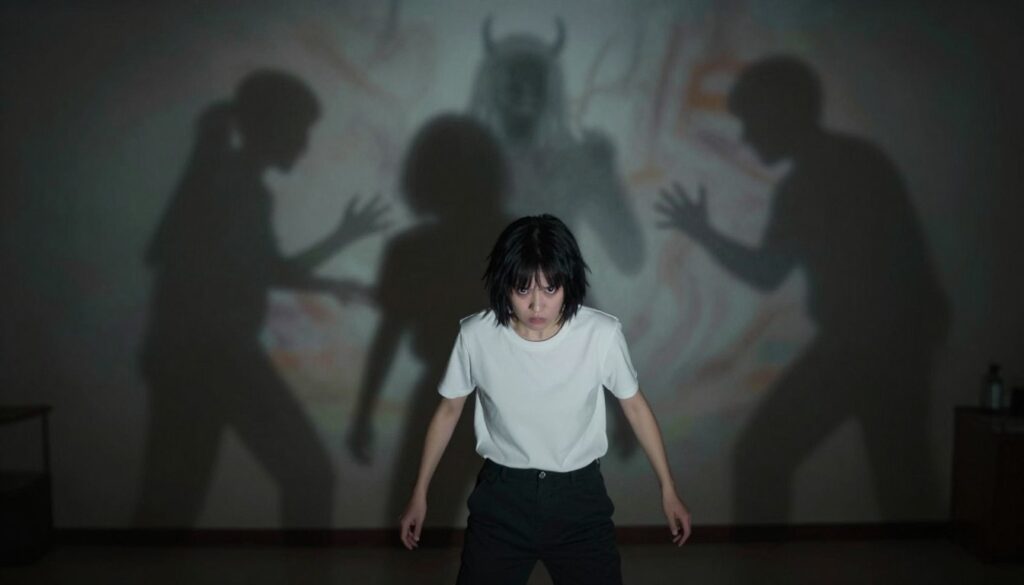 A dramatic scene depicting a person in a struggle against their inner demons, set in a dimly lit room. In the foreground, a figure wearing a simple white shirt and dark pants stands defiantly, with an intense expression reflecting determination. Shadows loom behind them, shaped like dark, swirling forms representing their fears and temptations. The middle section reveals a tangible struggle, with a ghostly, looming figure that symbolizes anxiety, appearing almost transparent and menacing. The background is a blurred, abstract representation of a chaotic environment with muted colors that suggest confusion and turmoil. The overall atmosphere is tense, with soft lighting illuminating the central figure, creating deep contrasts that highlight the battle between light and dark. The perspective is slightly low-angle, emphasizing the person’s determination against the overwhelming shadows.