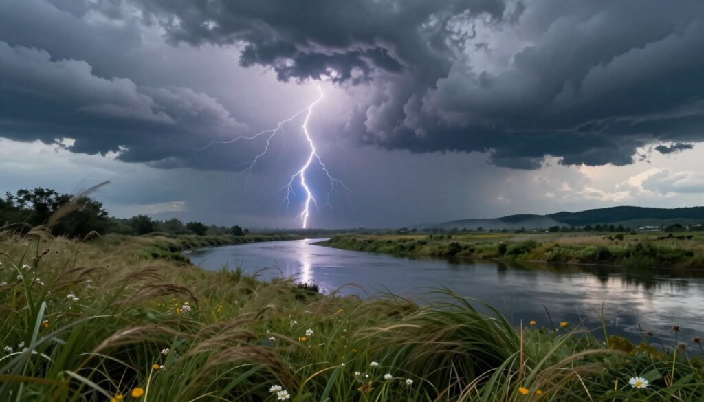 A dramatic scene of a storm from a safe distance, showcasing dark, swirling clouds filled with deep shades of gray and hints of electric blue lightning illuminating the sky. In the foreground, tall grasses and wildflowers sway gently in the wind, reflecting the tension of the approaching storm. The middle ground features a calm river, its surface mirroring the tumultuous sky, creating a stark contrast between chaos and serenity. In the background, distant hills shrouded in mist provide depth, enhancing the sense of observation. The lighting is moody yet vibrant, with dynamic contrasts between shadows and highlights, conveying a sense of impending emotion and cleansing power of the storm. The overall atmosphere is one of awe and introspection, inviting viewers to contemplate nature's raw beauty from a safe vantage point. A dramatic scene of a storm from a safe distance, showcasing dark, swirling clouds filled with deep shades of gray and hints of electric blue lightning illuminating the sky. In the foreground, tall grasses and wildflowers sway gently in the wind, reflecting the tension of the approaching storm. The middle ground features a calm river, its surface mirroring the tumultuous sky, creating a stark contrast between chaos and serenity. In the background, distant hills shrouded in mist provide depth, enhancing the sense of observation. The lighting is moody yet vibrant, with dynamic contrasts between shadows and highlights, conveying a sense of impending emotion and cleansing power of the storm. The overall atmosphere is one of awe and introspection, inviting viewers to contemplate nature's raw beauty from a safe vantage point.