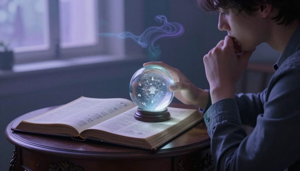 A dream interpretation scene set in a dimly lit, serene environment. In the foreground, a thoughtful individual in smart casual attire, gazing at a glowing crystal ball that symbolizes insight into dreams. In the middle, an open dream dictionary rests on an ornate wooden table, with mystical symbols and illustrations inside. In the background, soft, ethereal light filters through a window, casting gentle shadows that suggest otherworldly presence. A hint of surreal elements floats in the air, like wisps of dream-like clouds or soft silhouettes of dream figures. The mood is contemplative and slightly mysterious, evoking the significance of dreams as warning signals. The overall color palette is soft blues and purples to enhance the dreamlike atmosphere. A dream interpretation scene set in a dimly lit, serene environment. In the foreground, a thoughtful individual in smart casual attire, gazing at a glowing crystal ball that symbolizes insight into dreams. In the middle, an open dream dictionary rests on an ornate wooden table, with mystical symbols and illustrations inside. In the background, soft, ethereal light filters through a window, casting gentle shadows that suggest otherworldly presence. A hint of surreal elements floats in the air, like wisps of dream-like clouds or soft silhouettes of dream figures. The mood is contemplative and slightly mysterious, evoking the significance of dreams as warning signals. The overall color palette is soft blues and purples to enhance the dreamlike atmosphere.