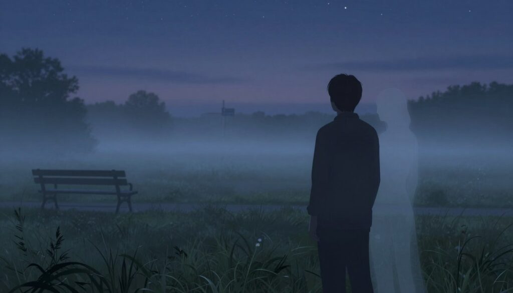 A dream-like landscape depicting the psychological elements of memories associated with a former partner. In the foreground, a silhouette of a contemplative person stands beside an ethereal, translucent figure representing the ex-partner, both gazing into a misty, moonlit meadow. The middle ground features soft, blurred outlines of familiar places—like a park bench and a street corner—evoking nostalgia and past experiences. The background is a deep twilight sky with shimmering stars, symbolizing distant thoughts and emotions. Use soft, ambient lighting to create a serene and reflective atmosphere, capturing a blend of longing and acceptance. The perspective should be slightly elevated, focusing on the connection between the figures while emphasizing the vastness of the dream-like environment.