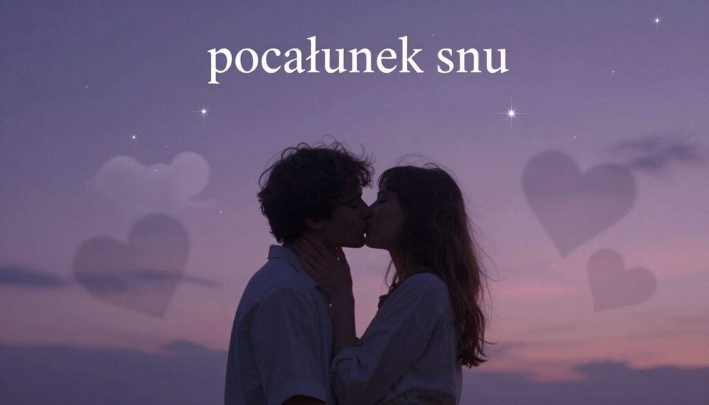 A dream-like scene capturing the essence of "pocałunek snu," featuring a soft, ethereal atmosphere. In the foreground, two figures in modest casual attire share a gentle kiss, their facial expressions reflecting intimacy and connection. The middle ground includes wispy clouds and twinkling stars, symbolizing the dream state, while faint silhouettes of abstract hearts float around them, evoking feelings of love and desire. The background showcases a serene twilight sky, painted in shades of deep purple and soft pink, creating a mystical ambiance. The lighting is soft and diffused, enhancing the dreamlike quality. The image should have a slight blur around the edges to amplify the surreal feel, inviting viewers into the emotional depths of a dream. A dream-like scene capturing the essence of "pocałunek snu," featuring a soft, ethereal atmosphere. In the foreground, two figures in modest casual attire share a gentle kiss, their facial expressions reflecting intimacy and connection. The middle ground includes wispy clouds and twinkling stars, symbolizing the dream state, while faint silhouettes of abstract hearts float around them, evoking feelings of love and desire. The background showcases a serene twilight sky, painted in shades of deep purple and soft pink, creating a mystical ambiance. The lighting is soft and diffused, enhancing the dreamlike quality. The image should have a slight blur around the edges to amplify the surreal feel, inviting viewers into the emotional depths of a dream.