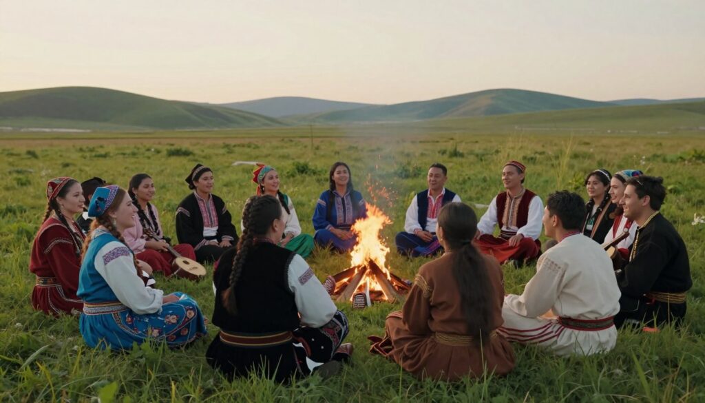 A dream-like scene depicting a vibrant Romani gathering in a lush, sunlit meadow. In the foreground, a diverse group of Romani individuals dressed in colorful, traditional clothing engage in joyful conversation and storytelling. Their expressions reflect a mix of wonder and introspection, embodying themes of freedom and the unknown. In the middle ground, a small campfire crackles, emanating warm light that dances on their faces, while a few traditional musical instruments are scattered around. The background features serene hills and a vast, open sky, conveying a sense of limitless possibilities. Soft, golden hour lighting enhances the dreamlike atmosphere, creating a feeling of peace and connection with nature. A dream-like scene depicting a vibrant Romani gathering in a lush, sunlit meadow. In the foreground, a diverse group of Romani individuals dressed in colorful, traditional clothing engage in joyful conversation and storytelling. Their expressions reflect a mix of wonder and introspection, embodying themes of freedom and the unknown. In the middle ground, a small campfire crackles, emanating warm light that dances on their faces, while a few traditional musical instruments are scattered around. The background features serene hills and a vast, open sky, conveying a sense of limitless possibilities. Soft, golden hour lighting enhances the dreamlike atmosphere, creating a feeling of peace and connection with nature.