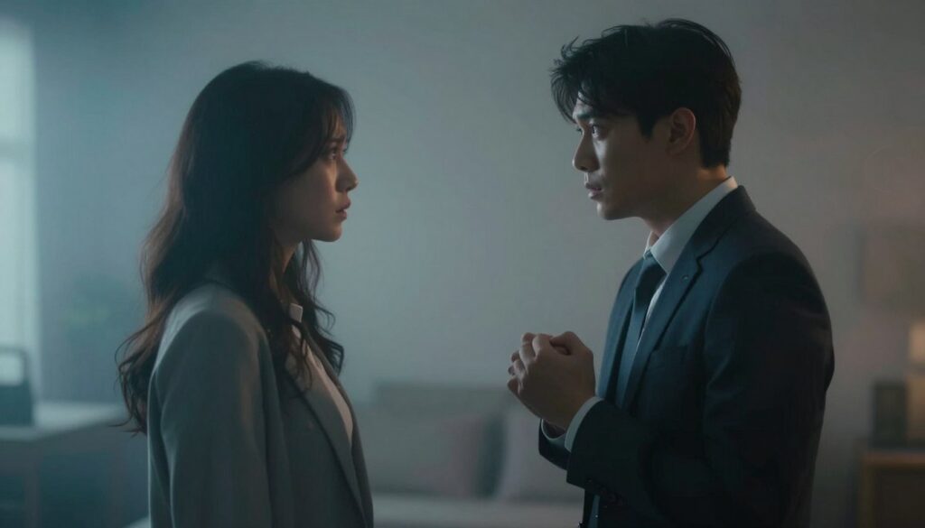 A dream-like scene depicting the interpretation of a dream about physically confronting a loved one. In the foreground, a worried individual in professional attire stands with clenched fists, anxiously gazing at a phantom-like figure representing the loved one, who appears ethereal and emotionally conflicted. In the middle, a hazy, surreal representation of a shadowy room filled with swirling colors, symbolizing inner turmoil and suppressed emotions. The background features soft, diffuse lighting that creates a dreamlike atmosphere, highlighting the emotional weight of the encounter. The scene is slightly dark and moody, conveying a sense of tension and introspection, with hints of soft blues and gentle shadows to evoke a contemplative mood.