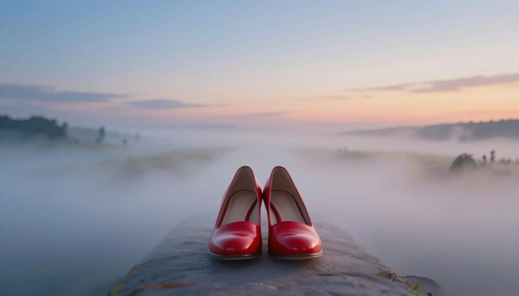 A dream-like scene featuring a pair of brand new red shoes at the center, placed gently on a soft, swirling mist that represents a dreamscape. The foreground reveals the vibrant, shiny texture of the shoes, reflecting soft light. In the middle, it's a gradual transition into a hazy landscape filled with abstract shapes and colors symbolizing changes and new beginnings, perhaps with faint silhouettes of pathways leading off into the distance. The background exhibits a gradient sky transitioning from a calming twilight blue to warm dawn hues, suggesting the onset of transformation. The atmosphere is filled with a sense of hope and anticipation, emphasizing the significance of new journeys in life. The overall lighting is ethereal and soft, enhancing the dreamlike quality of the scene.