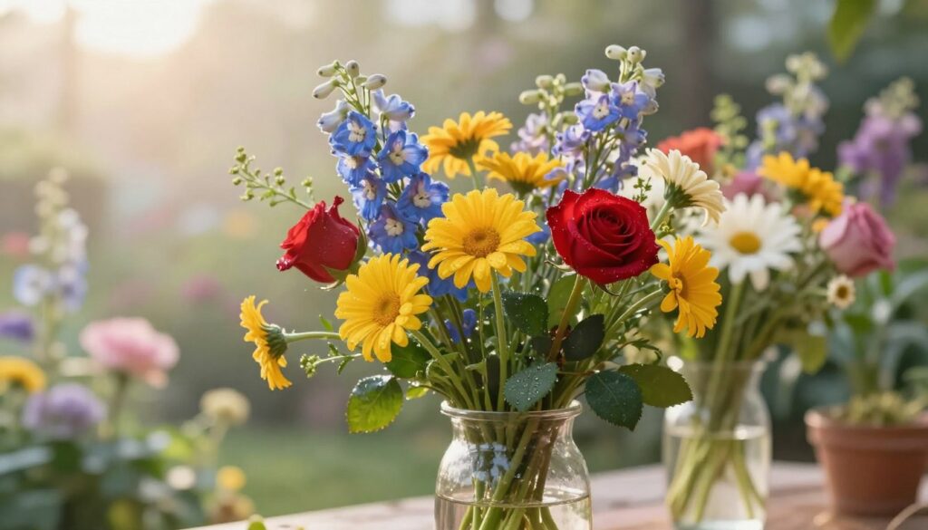 A dreamlike arrangement of flowers in a clear glass vase, showcasing a vibrant bouquet that reflects the symbolism of colors and species. In the foreground, several brightly colored flowers such as red roses, yellow daisies, and blue delphiniums stand out, their petals glistening with dew. The middle ground features soft, blurred outlines of other florals, creating a harmonious blend of hues, symbolizing appreciation and emotions. In the background, an ethereal garden scene is softly illuminated by gentle morning light, casting a warm, inviting atmosphere. Use a wide-angle lens perspective to capture the vivid details and textures of each flower while maintaining a peaceful, serene mood, evoking feelings of gratitude and beauty. Ensure no text or watermarks are present in the image. A dreamlike arrangement of flowers in a clear glass vase, showcasing a vibrant bouquet that reflects the symbolism of colors and species. In the foreground, several brightly colored flowers such as red roses, yellow daisies, and blue delphiniums stand out, their petals glistening with dew. The middle ground features soft, blurred outlines of other florals, creating a harmonious blend of hues, symbolizing appreciation and emotions. In the background, an ethereal garden scene is softly illuminated by gentle morning light, casting a warm, inviting atmosphere. Use a wide-angle lens perspective to capture the vivid details and textures of each flower while maintaining a peaceful, serene mood, evoking feelings of gratitude and beauty. Ensure no text or watermarks are present in the image.