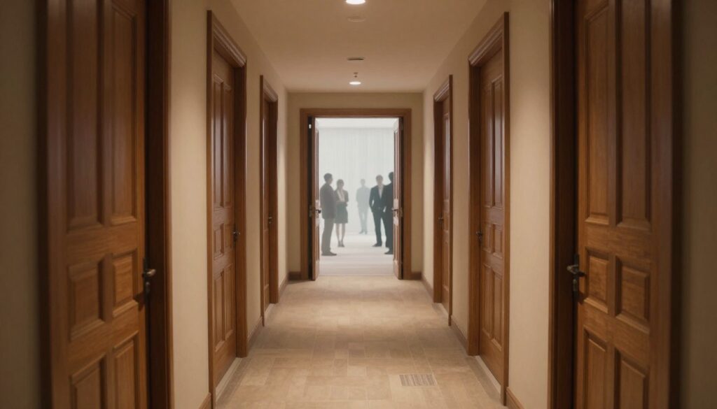 A dreamlike corridor with elegant wooden doors on both sides, symbolizing transitions and psychological foundations of dreams. The foreground features intricate patterns on the doors, illuminated softly by warm, diffused light that evokes a sense of comfort and security. In the middle ground, the corridor stretches into the distance, where light subtly fades, suggesting the unknown ahead. The background reveals faint outlines of ethereal figures, dressed in professional attire, representing the guests and new opportunities that may enter through these doors. Utilize a wide-angle lens for an expansive view, capturing the depth of the corridor, with a serene and contemplative atmosphere that invites introspection and exploration. A dreamlike corridor with elegant wooden doors on both sides, symbolizing transitions and psychological foundations of dreams. The foreground features intricate patterns on the doors, illuminated softly by warm, diffused light that evokes a sense of comfort and security. In the middle ground, the corridor stretches into the distance, where light subtly fades, suggesting the unknown ahead. The background reveals faint outlines of ethereal figures, dressed in professional attire, representing the guests and new opportunities that may enter through these doors. Utilize a wide-angle lens for an expansive view, capturing the depth of the corridor, with a serene and contemplative atmosphere that invites introspection and exploration.