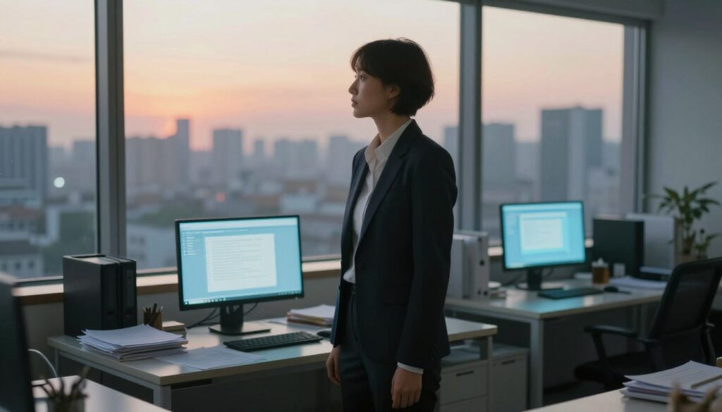 A dreamlike office scene depicting a person standing in a modern workspace, surrounded by an ethereal glow. In the foreground, the individual, dressed in a smart business suit, gazes thoughtfully out a large window, their expression contemplative. The middle section of the image features a cluttered desk with scattered documents and a glowing computer screen, emphasizing the weight of professional obligations. The background showcases a city skyline bathed in soft sunset hues, creating a contrast between ambition and the surreal atmosphere of a dream. Use warm, diffused lighting to evoke emotions of both pressure and aspiration, captured from a slightly elevated angle to give a sense of depth and introspection. A dreamlike office scene depicting a person standing in a modern workspace, surrounded by an ethereal glow. In the foreground, the individual, dressed in a smart business suit, gazes thoughtfully out a large window, their expression contemplative. The middle section of the image features a cluttered desk with scattered documents and a glowing computer screen, emphasizing the weight of professional obligations. The background showcases a city skyline bathed in soft sunset hues, creating a contrast between ambition and the surreal atmosphere of a dream. Use warm, diffused lighting to evoke emotions of both pressure and aspiration, captured from a slightly elevated angle to give a sense of depth and introspection.