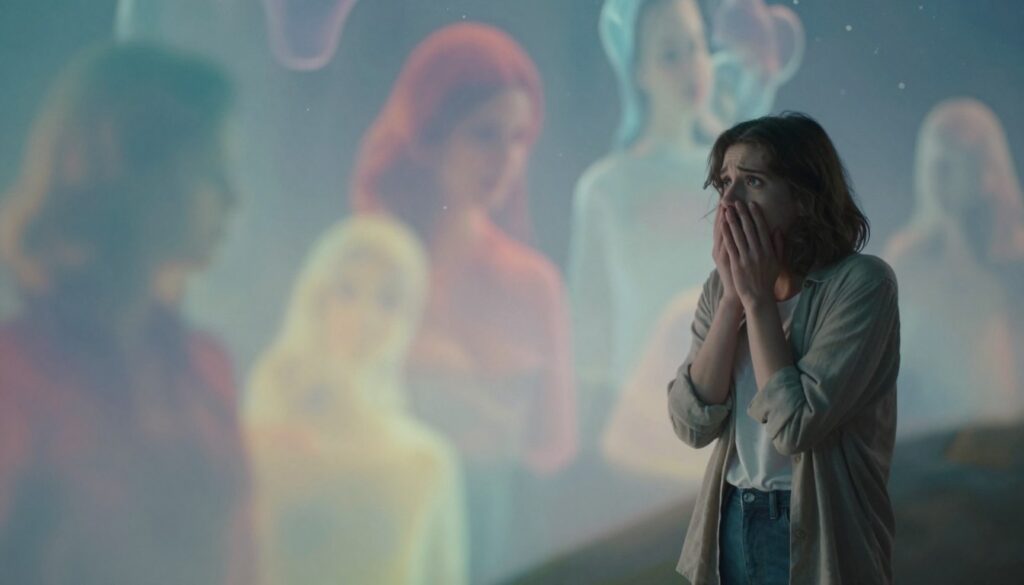 A dreamlike scene capturing the essence of emotions in a surreal interpretation of dreams. In the foreground, a figure in modest casual clothing stands in a soft, ethereal light, expressing a range of emotions: confusion, fear, and vulnerability. Their body language suggests introspection and contemplation, as they gaze at a shimmering, translucent representation of a dreamscape swirling with vibrant colors and abstract shapes. In the middle ground, these dream elements blend seamlessly, illustrating feelings of honesty and shame through soft blurs and gradients. The background features a faint depiction of a serene, starry night sky, casting a calming glow. The overall atmosphere is introspective and thought-provoking, with use of soft focus and gentle, diffused lighting to enhance the dreamlike quality. A dreamlike scene capturing the essence of emotions in a surreal interpretation of dreams. In the foreground, a figure in modest casual clothing stands in a soft, ethereal light, expressing a range of emotions: confusion, fear, and vulnerability. Their body language suggests introspection and contemplation, as they gaze at a shimmering, translucent representation of a dreamscape swirling with vibrant colors and abstract shapes. In the middle ground, these dream elements blend seamlessly, illustrating feelings of honesty and shame through soft blurs and gradients. The background features a faint depiction of a serene, starry night sky, casting a calming glow. The overall atmosphere is introspective and thought-provoking, with use of soft focus and gentle, diffused lighting to enhance the dreamlike quality.