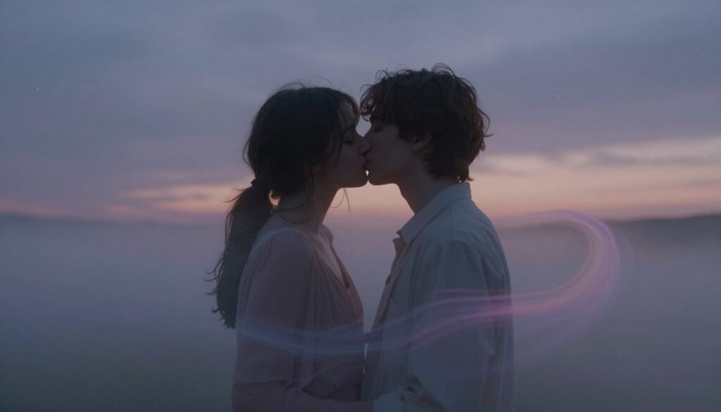 A dreamlike scene capturing the psychological foundations of a kiss within a surreal, ethereal landscape. In the foreground, two figures, dressed in modest, elegant attire, are leaning towards each other, their faces softly illuminated as they share an intimate moment. The middle ground features a swirling mist of soft pastels, depicting emotions and desires manifesting as colorful wisps around them. The background reveals a serene twilight sky filled with stars, symbolizing dreams and connections. The lighting is soft and diffused, creating a tranquil atmosphere that evokes feelings of closeness and emotional bonding. The overall mood is romantic and introspective, inviting contemplation on the significance of kisses in dreams. A dreamlike scene capturing the psychological foundations of a kiss within a surreal, ethereal landscape. In the foreground, two figures, dressed in modest, elegant attire, are leaning towards each other, their faces softly illuminated as they share an intimate moment. The middle ground features a swirling mist of soft pastels, depicting emotions and desires manifesting as colorful wisps around them. The background reveals a serene twilight sky filled with stars, symbolizing dreams and connections. The lighting is soft and diffused, creating a tranquil atmosphere that evokes feelings of closeness and emotional bonding. The overall mood is romantic and introspective, inviting contemplation on the significance of kisses in dreams.