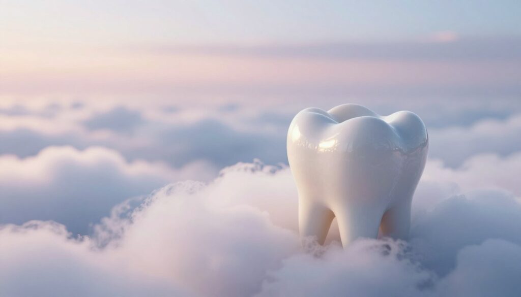 A dreamlike scene depicting a close-up of a chipped tooth resting delicately on a soft, cloud-like pillow amid a serene, ethereal environment. The foreground features the tooth with intricate details, showing its surface texture and slight gleam, reflecting soft moonlight. In the middle ground, layers of wispy clouds swirl gently, illuminated by a subtle, soothing light that creates a calming atmosphere. The background consists of a blurred landscape of pastel-colored hues, suggesting a tranquil dreamscape. The lighting should be soft and diffuse, enhancing the dreamlike quality of the image. The overall mood is peaceful, evoking a sense of reflection and introspection, symbolizing the deeper meanings behind dreams of dental issues. A dreamlike scene depicting a close-up of a chipped tooth resting delicately on a soft, cloud-like pillow amid a serene, ethereal environment. The foreground features the tooth with intricate details, showing its surface texture and slight gleam, reflecting soft moonlight. In the middle ground, layers of wispy clouds swirl gently, illuminated by a subtle, soothing light that creates a calming atmosphere. The background consists of a blurred landscape of pastel-colored hues, suggesting a tranquil dreamscape. The lighting should be soft and diffuse, enhancing the dreamlike quality of the image. The overall mood is peaceful, evoking a sense of reflection and introspection, symbolizing the deeper meanings behind dreams of dental issues.