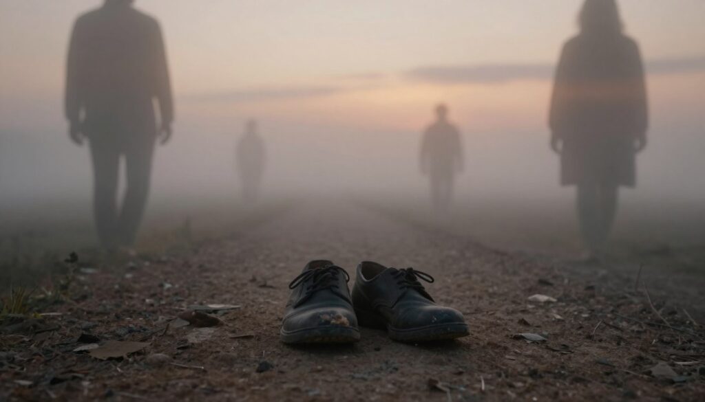 A dreamlike scene depicting a pair of worn, mismatched shoes situated at the center of a misty, surreal landscape. In the foreground, the shoes show signs of distress, symbolizing obstacles and fatigue. Surrounding the shoes, ethereal shadows of figures can be seen, representing the elusive nature of desires and changes in life. The middle ground features fading, abstract images of paths diverging into the unknown, enhancing a sense of confusion and reflection. In the background, a soft, dusky sky indicates twilight, with gentle rays of light breaking through, creating a warm yet melancholic atmosphere. The overall mood is contemplative, inviting viewers to ponder the deeper meanings of change and loss. The image is captured from a low angle, drawing attention to the shoes while also instilling a sense of depth and introspection.