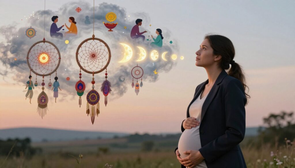 A dreamlike scene depicting cultural interpretations of pregnancy dreams, featuring a woman in professional attire standing in the foreground, gazing thoughtfully at an ethereal, swirling cloud of symbols and imagery that represent various cultural beliefs about dreams and change. In the middle ground, diverse elements like traditional dream catchers, glowing moon phases, and colorful cultural motifs blend harmoniously. The background showcases a serene landscape, bathed in soft twilight hues, with floating silhouettes of people from different cultures engaging in conversation, symbolizing shared understanding and reflection. The lighting is warm and inviting, creating an atmosphere of introspection and connection, shot with a gentle focus to enhance the dreamlike quality of the scene.
