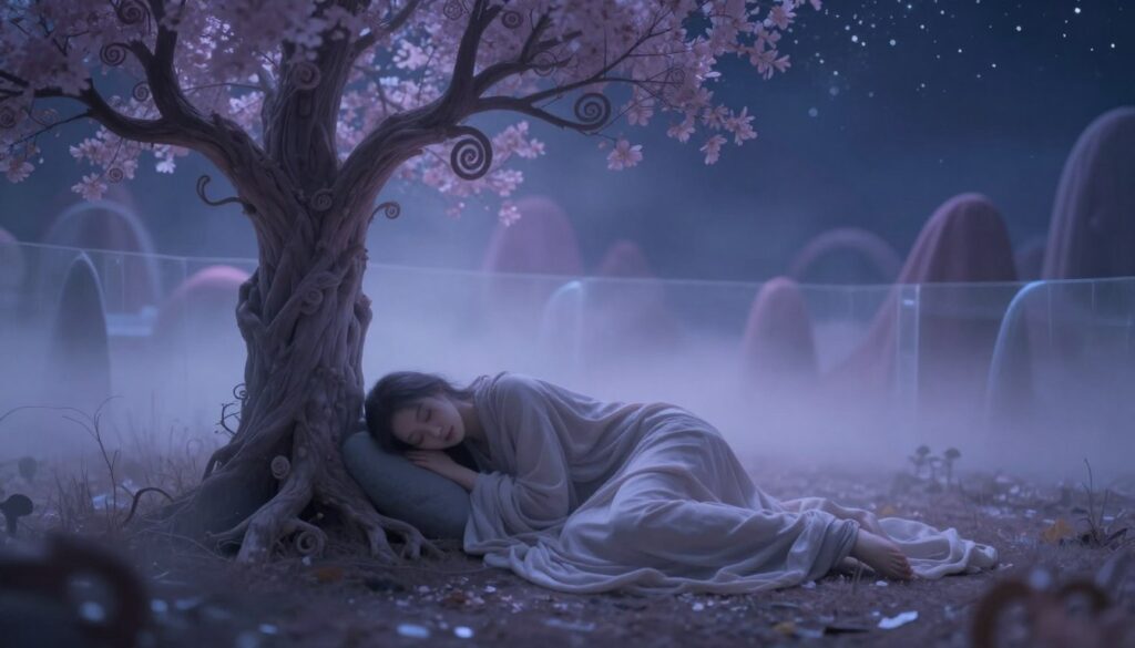 A dreamlike scene depicting the concept of hiding in sleep, with an ethereal figure draped in soft, flowing fabrics blending into a surreal landscape. In the foreground, the figure crouches behind a fantastical tree, its branches twisting in delicate spirals. The middle ground features a misty, shadowy realm filled with abstract shapes and translucent barriers, symbolizing fears and the need for safety. In the background, a starry night sky casts a gentle, calming glow, illuminating the scene with soft blues and purples. The mood is introspective and contemplative, evoking a sense of vulnerability and tranquility. Use soft lighting to enhance the dreamlike atmosphere, with a focus on a shallow depth of field to draw attention to the figure while the surroundings fade softly into the background.
