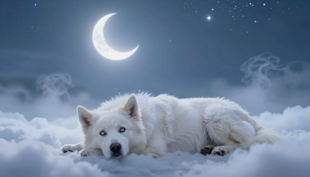A dreamlike scene depicting the size of a white dog in a tranquil nighttime setting. In the foreground, a large, fluffy white dog lays peacefully on a bed of soft clouds, exuding a sense of loyalty and protection. Its inviting eyes reflect a gentle light, surrounded by delicate sparkles symbolizing dreams. In the middle ground, ethereal wisps of mist float, enhancing the surreal atmosphere. The background features a soft, starry sky with a glowing crescent moon casting serene silver light across the scene, suggesting tranquility and peace. The overall mood is calm and reflective, evoking feelings of friendship and companionship, with soft blue and white tones creating a harmonious balance. The perspective is slightly elevated, allowing the viewer to gaze down upon this enchanting dreamscape.