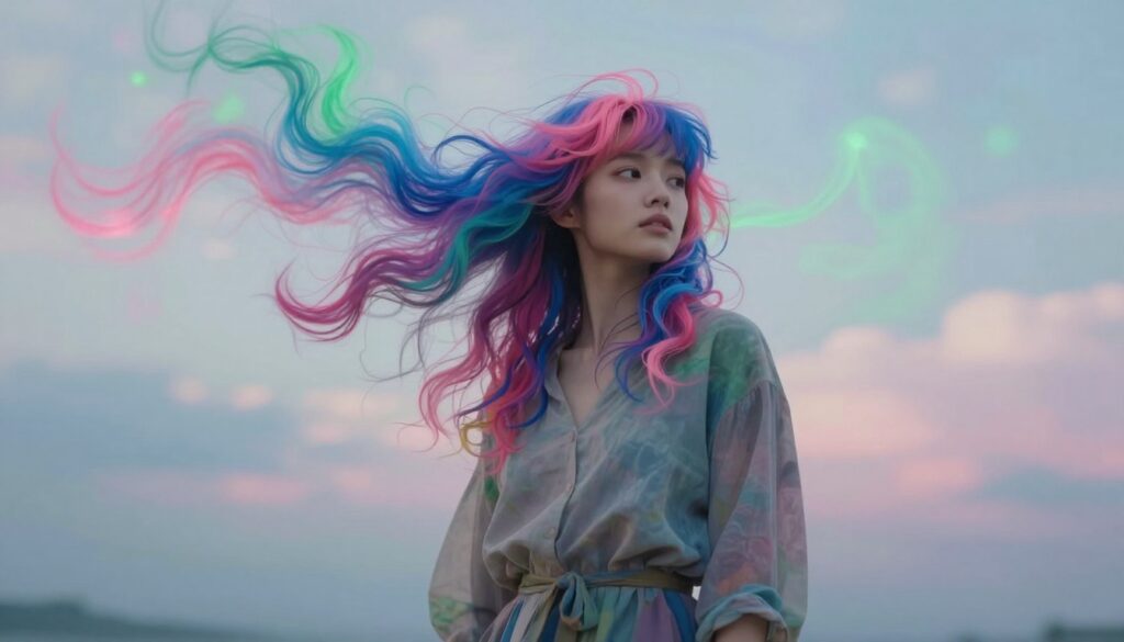 A dreamlike scene featuring a figure with vibrant, multi-colored hair, representing various symbolic interpretations of hair color in dreams. In the foreground, the figure stands confidently, dressed in a stylish, modest outfit that echoes an artistic flair. The middle layer showcases abstract, swirling patterns of colors—blues, pinks, and greens—emerging from the figure's hair, symbolizing transformation and renewal. The background is softly blurred, hinting at a serene dreamscape, with gentle pastel hues and ethereal lights creating a mystical atmosphere. The lighting is soft and diffuse, enhancing the dreamlike quality. The angle is slightly elevated, capturing the figure's expression of introspection and self-discovery, inviting viewers into a world where dreams and colors intertwine. A dreamlike scene featuring a figure with vibrant, multi-colored hair, representing various symbolic interpretations of hair color in dreams. In the foreground, the figure stands confidently, dressed in a stylish, modest outfit that echoes an artistic flair. The middle layer showcases abstract, swirling patterns of colors—blues, pinks, and greens—emerging from the figure's hair, symbolizing transformation and renewal. The background is softly blurred, hinting at a serene dreamscape, with gentle pastel hues and ethereal lights creating a mystical atmosphere. The lighting is soft and diffuse, enhancing the dreamlike quality. The angle is slightly elevated, capturing the figure's expression of introspection and self-discovery, inviting viewers into a world where dreams and colors intertwine.