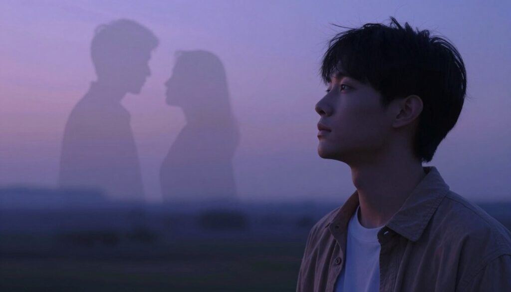 A dreamlike scene featuring a young man reflecting on a past relationship. In the foreground, a wistful expression graces his face as he gazes into a hazy, ethereal atmosphere filled with soft, muted colors. His attire is casual yet modest, conveying a sense of nostalgia. In the middle ground, phantom-like silhouettes representing memories of love float gently around him, showcasing moments of joy and bittersweet recollections. The background is a dreamy landscape blending twilight hues, such as lavender and deep blue, which evoke a sense of longing and reflection. The lighting is soft and diffused, creating a surreal, introspective mood. The camera angle is slightly tilted, emphasizing the dreamlike quality of the scene, inviting the viewer to ponder the significance of these past emotions and experiences. A dreamlike scene featuring a young man reflecting on a past relationship. In the foreground, a wistful expression graces his face as he gazes into a hazy, ethereal atmosphere filled with soft, muted colors. His attire is casual yet modest, conveying a sense of nostalgia. In the middle ground, phantom-like silhouettes representing memories of love float gently around him, showcasing moments of joy and bittersweet recollections. The background is a dreamy landscape blending twilight hues, such as lavender and deep blue, which evoke a sense of longing and reflection. The lighting is soft and diffused, creating a surreal, introspective mood. The camera angle is slightly tilted, emphasizing the dreamlike quality of the scene, inviting the viewer to ponder the significance of these past emotions and experiences.
