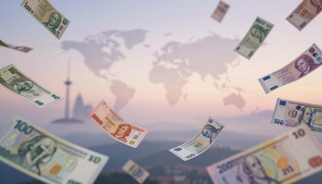 A dreamlike scene featuring various foreign banknotes floating gently in an ethereal space, illuminated by soft, diffused light. In the foreground, clear images of colorful banknotes from different countries showcase intricate designs and symbols of wealth, arranged artistically as if caught in a gentle breeze. The middle ground reveals a shimmering, abstract representation of a dreamscape, with blurred outlines of iconic landmarks from around the world, hinting at the significance of travel and opportunity. The background fades into a soft, twilight gradient, evoking a sense of tranquility and introspection. The overall atmosphere is enchanting and serene, inviting viewers to contemplate the meaning of money and dreams.