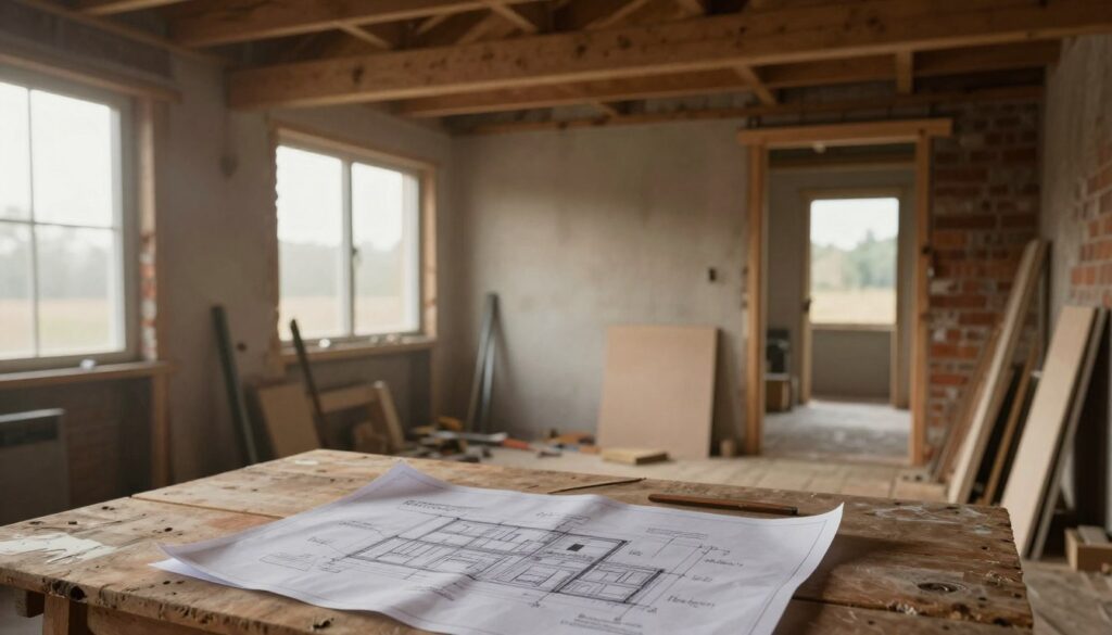 A dreamlike, unfinished house interior filled with raw materials and exposed structures, such as wooden beams and brick walls, creating a sense of chaotic beauty and emotional depth. In the foreground, soft light filters through dusty windows, illuminating scattered blueprints and sketches of architectural plans on a rough wooden table. The middle ground features a half-constructed room with tools and unpainted surfaces, symbolizing unfulfilled dreams and potential. In the background, vague outlines of a serene landscape can be seen through a partially open door, hinting at hope and future possibilities. The overall mood is a blend of melancholy and inspiration, evoking emotions associated with dreams of unfinished spaces. The lighting is soft and warm, enhancing the emotional resonance of the scene. A dreamlike, unfinished house interior filled with raw materials and exposed structures, such as wooden beams and brick walls, creating a sense of chaotic beauty and emotional depth. In the foreground, soft light filters through dusty windows, illuminating scattered blueprints and sketches of architectural plans on a rough wooden table. The middle ground features a half-constructed room with tools and unpainted surfaces, symbolizing unfulfilled dreams and potential. In the background, vague outlines of a serene landscape can be seen through a partially open door, hinting at hope and future possibilities. The overall mood is a blend of melancholy and inspiration, evoking emotions associated with dreams of unfinished spaces. The lighting is soft and warm, enhancing the emotional resonance of the scene.