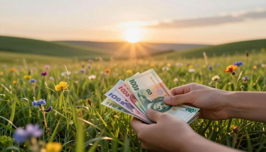 A dreamscape depicting a serene scene where a person finds a pile of cash in a lush, green meadow. In the foreground, a pair of hands reaches for vibrant banknotes, illuminated by soft, ethereal light. The middle layer features a dreamy landscape with gentle hills and colorful wildflowers swaying in a light breeze, evoking a sense of opportunity and hope. In the background, a radiant sunrise casts warm golden rays as it breaks over the horizon, symbolizing new beginnings and positive changes. The atmosphere is uplifting and tranquil, inviting feelings of joy and prosperity, with a focus on the transformative power of newfound wealth.