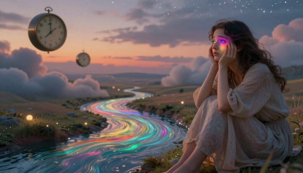 A dreamscape depicting the influence of emotions on dreams, featuring a flowing river of vibrant colors symbolizing various feelings such as joy, sorrow, and anxiety. In the foreground, an ethereal figure dressed in modest, flowing attire, embodies contemplation, their eyes reflecting the spectrum of emotions. The middle ground showcases dream-like elements like floating clocks and soft clouds that meld into the background, which depicts a softly lit, serene landscape under a twilight sky, filled with stars. Use warm lighting to enhance the mood, creating a sense of tranquility and introspection. The angle should be slightly tilted to evoke the surreal nature of dreams, inviting viewers to explore the layers of emotional depth within the dream narrative. A dreamscape depicting the influence of emotions on dreams, featuring a flowing river of vibrant colors symbolizing various feelings such as joy, sorrow, and anxiety. In the foreground, an ethereal figure dressed in modest, flowing attire, embodies contemplation, their eyes reflecting the spectrum of emotions. The middle ground showcases dream-like elements like floating clocks and soft clouds that meld into the background, which depicts a softly lit, serene landscape under a twilight sky, filled with stars. Use warm lighting to enhance the mood, creating a sense of tranquility and introspection. The angle should be slightly tilted to evoke the surreal nature of dreams, inviting viewers to explore the layers of emotional depth within the dream narrative.