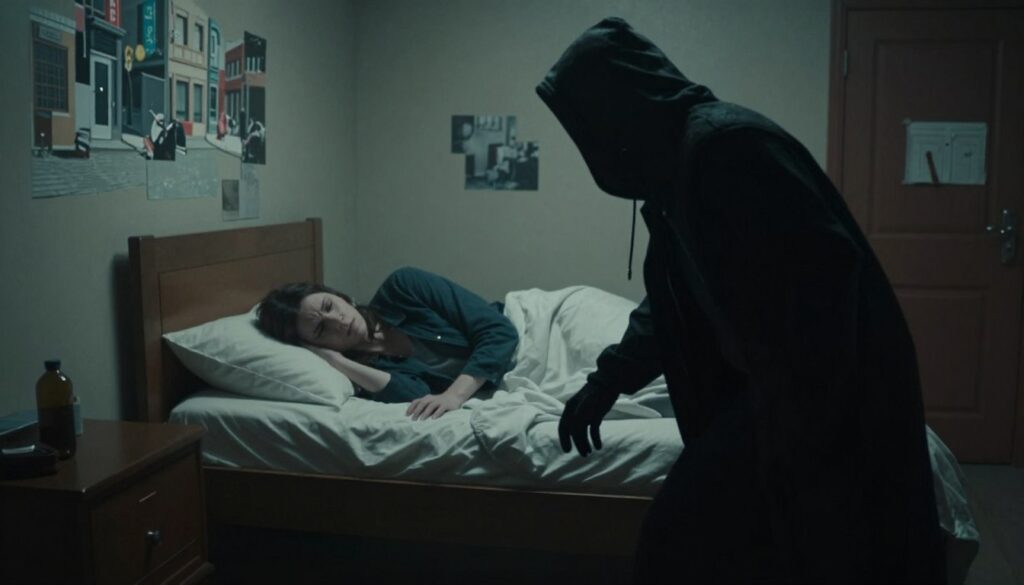 A dreamscape illustrating the concept of threats and warnings associated with theft, set in a surreal atmosphere. In the foreground, a shadowy figure cloaked in dark clothing lurks, symbolizing danger. The figure's posture is tense, as if poised to strike, with glimmers of stolen objects hinting at nefarious intent. In the middle, a person dreams, lying on a bed, appearing troubled, their expression reflecting anxiety and distrust. The room is dimly lit, with eerie shadows casting across the walls, enhancing the feeling of unease. In the background, fragmented images of chaotic streets and locked doors represent uncertainty. Use soft focus for the dreamy effect and subtle, moody lighting to evoke a sense of foreboding and caution. A dreamscape illustrating the concept of threats and warnings associated with theft, set in a surreal atmosphere. In the foreground, a shadowy figure cloaked in dark clothing lurks, symbolizing danger. The figure's posture is tense, as if poised to strike, with glimmers of stolen objects hinting at nefarious intent. In the middle, a person dreams, lying on a bed, appearing troubled, their expression reflecting anxiety and distrust. The room is dimly lit, with eerie shadows casting across the walls, enhancing the feeling of unease. In the background, fragmented images of chaotic streets and locked doors represent uncertainty. Use soft focus for the dreamy effect and subtle, moody lighting to evoke a sense of foreboding and caution.