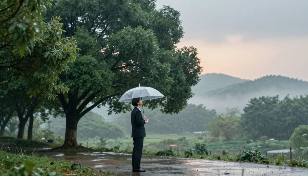 A dreamy, atmospheric scene depicting rain gently falling in a serene landscape. In the foreground, a calm figure stands under a transparent umbrella, gazing contemplatively at the rain-soaked ground, dressed in professional business attire. The middle ground features lush, green trees with droplets glistening on their leaves, while the background showcases a misty horizon with soft, rolling hills disappearing into a gradient of gray skies. Soft, diffused lighting creates a tranquil mood, enhancing the sense of introspection and emotional depth. The angle is slightly elevated, capturing the intimacy of the moment while emphasizing the connection between dreams, rain, and creativity. A dreamy, atmospheric scene depicting rain gently falling in a serene landscape. In the foreground, a calm figure stands under a transparent umbrella, gazing contemplatively at the rain-soaked ground, dressed in professional business attire. The middle ground features lush, green trees with droplets glistening on their leaves, while the background showcases a misty horizon with soft, rolling hills disappearing into a gradient of gray skies. Soft, diffused lighting creates a tranquil mood, enhancing the sense of introspection and emotional depth. The angle is slightly elevated, capturing the intimacy of the moment while emphasizing the connection between dreams, rain, and creativity.