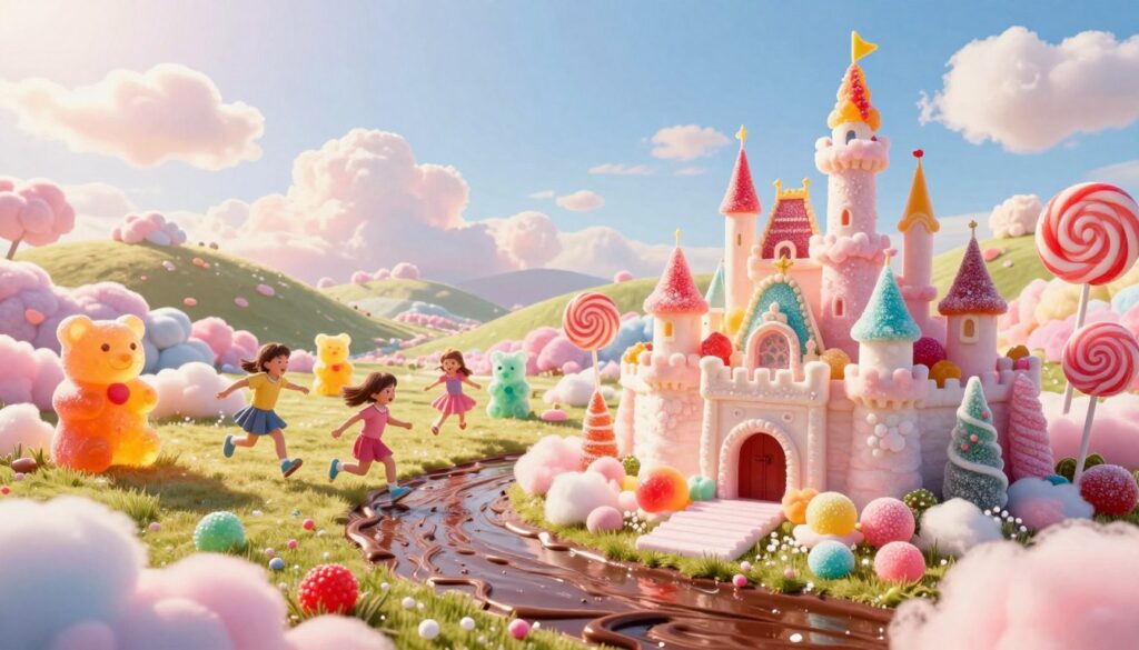 A dreamy landscape showcasing a whimsical and colorful world of sugar, highlighting the positive aspects of sugar dreams. In the foreground, a large, vibrant candy castle made from various sweets, with chocolate rivers flowing beside it. In the middle ground, children joyfully play, surrounded by oversized gummy bears and lollipops, wearing bright, cheerful clothing. The background features rolling hills made of fluffy cotton candy under a bright blue sky with soft, fluffy clouds. The scene is illuminated by warm, golden sunlight creating a magical and inviting atmosphere. Capture this playful and enchanting setting using a wide-angle lens to accentuate the whimsical scale, evoking feelings of joy and nostalgia. A dreamy landscape showcasing a whimsical and colorful world of sugar, highlighting the positive aspects of sugar dreams. In the foreground, a large, vibrant candy castle made from various sweets, with chocolate rivers flowing beside it. In the middle ground, children joyfully play, surrounded by oversized gummy bears and lollipops, wearing bright, cheerful clothing. The background features rolling hills made of fluffy cotton candy under a bright blue sky with soft, fluffy clouds. The scene is illuminated by warm, golden sunlight creating a magical and inviting atmosphere. Capture this playful and enchanting setting using a wide-angle lens to accentuate the whimsical scale, evoking feelings of joy and nostalgia.