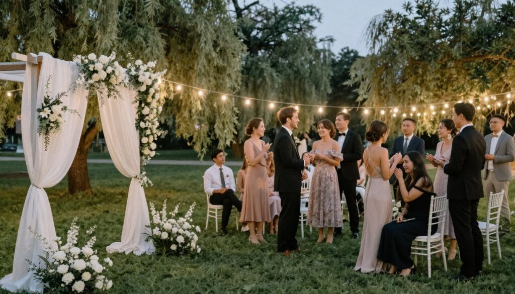 A dreamy wedding motif scene set in a serene, ethereal landscape. In the foreground, a gracefully adorned wedding arch draped with soft white fabric and fresh flowers, symbolizing joy and celebration. In the middle ground, a diverse group of elegantly dressed guests, wearing modest formal attire, share laughter and heartfelt conversations, conveying feelings of connection and happiness. The background features soft, glowing fairy lights strung across gently swaying trees in a twilight setting, creating a warm and inviting atmosphere. The overall lighting is soft and diffused, casting a magical glow over the scene, enhancing the feeling of hope and expectation. The angle is slightly elevated, providing a panoramic view of the joyful gathering.
