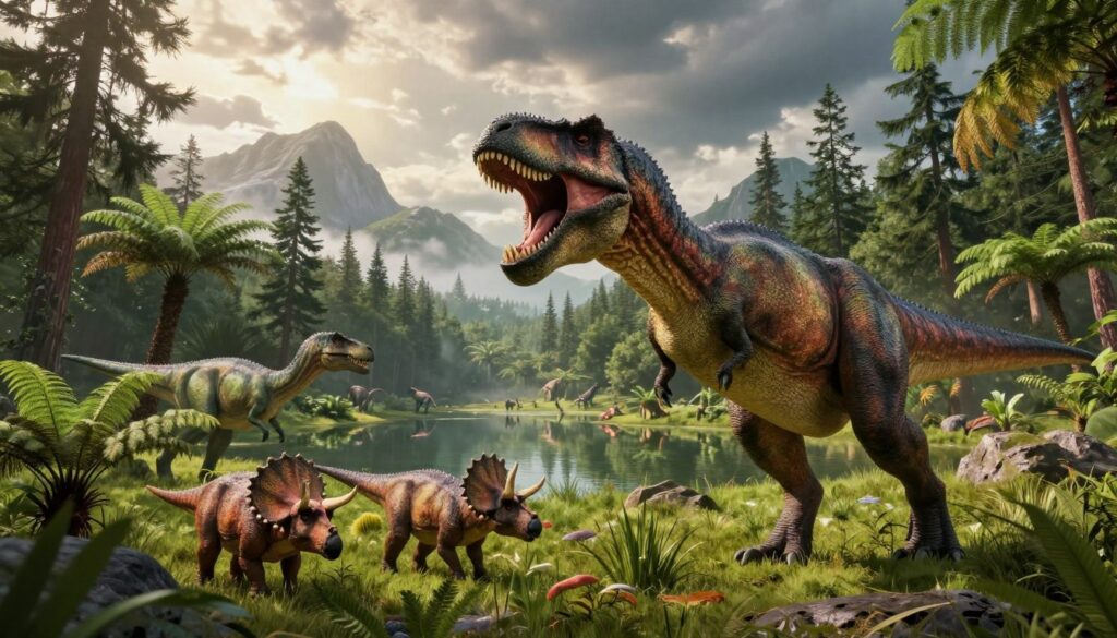 A dynamic scene depicting a lush prehistoric landscape, teeming with vibrant, diverse dinosaurs interacting in their natural habitats. In the foreground, a majestic Tyrannosaurus rex roars, showcasing its powerful stature and magnificent scales, while a pair of playful Triceratops graze nearby. The middle ground features a tranquil lake surrounded by dense ferns and towering conifers, reflecting the dinosaurs in its still waters. In the background, misty mountains rise under a dramatic sky, where sunlight breaks through clouds, casting an ethereal glow. The atmosphere is both awe-inspiring and slightly mysterious, evoking a sense of ancient power and deep-seated fears. Capture this scene from a low angle to emphasize the enormity of the dinosaurs, using soft, natural lighting to enhance the vivid colors of the landscape.