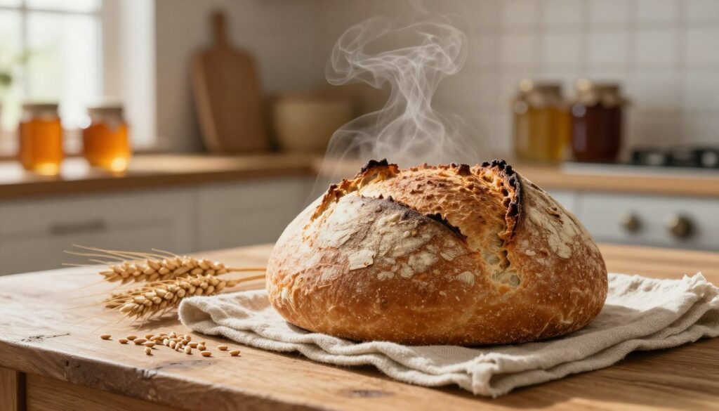 A freshly baked loaf of bread sits prominently in the foreground, its crust golden-brown and slightly crisp, with steam gently rising from the top, suggesting warmth and freshness. Surrounding the loaf, a rustic wooden table is adorned with a few scattered grains of wheat and a linen cloth, enhancing the artisanal feel. In the middle ground, soft morning light filters through a nearby window, casting gentle shadows and illuminating the texture of the bread. In the background, shelves lined with jars of honey and preserves create a cozy kitchen atmosphere, evoking a sense of abundance and daily comfort. The image conveys warmth and homeliness, inviting the viewer to appreciate the simple pleasures of life.